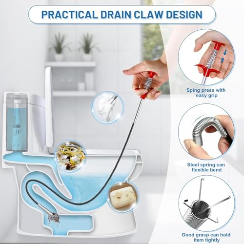 61" Drain Snake with Grabber Claw, Flexible Grabber Tool for Hair Clogs, Plumbing Auger for Sink, Tub, and Pipe Clog Remover - style: 61 IN
