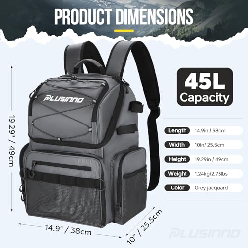 PLUSINNO Cooler Fishing Backpack with Rod Holders 45L Large Water-resistant Fishing Tackle bag Store Fishing Gear Fishing Gifts for Men Father - color: Grey jacquard with box