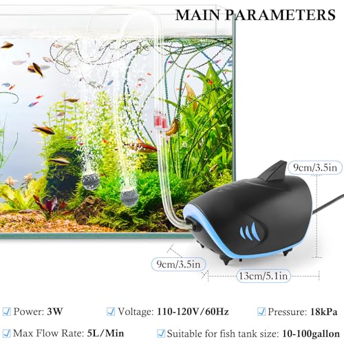 3W 6W Silent Aquarium Air Pump -80GPH/160GPH Large Air Volume Fish Aerator, Adjustable Oxygen Pump for Fish Tank up to 300 Gallon - style: 3W-Bule