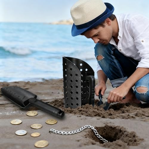 Metal Detector Accessories Kit – Sand Scoop & Metal Detector Shovel, Sand Sifter for Beach, Heavy-Duty Lightweight Tools-Come with Mesh Bag and Gloves