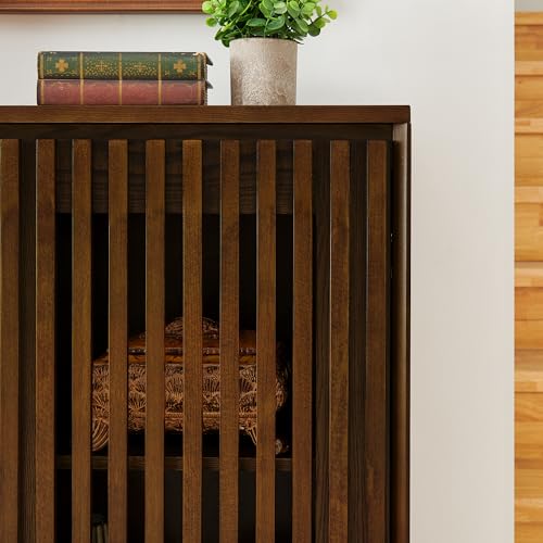LKTART Narrow Buffet Cabinet Sideboard with Storage, Mid Century Modern Small Accent Credenza Cabinet with Doors & Shelves, Wood Coffee Bar TV Media Console Table for Kitchen,Entryway-Walnu - color: B- Walnut, size: 1 Piece