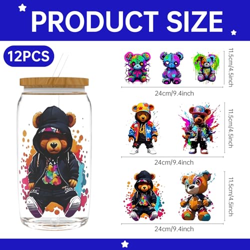 UV DTF Cup Wrap for 16oz Glass, 12 Sheets Street Style Bear Transfer Stickers, Rub on Transfers for Cup Tumbler - style: Street Style Bear