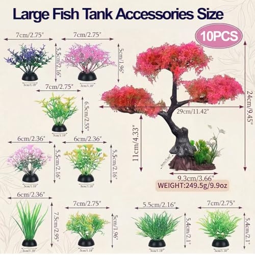 Pink-Cherry-Blossom-Tree-Aquarium-Decor: 10Pcs Artificial Plastic Plants Fish Tank Decorations Grass Set for Betta Goldfish Hides Accessories Gallon Fish Bowl Ornaments