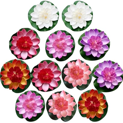 12 Pcs Artificial Floating Foam Lotus Flower with Water Lily Pad, Lifelike Ornaments Home Garden Pond Decor Indian Decorations Return Gifts
