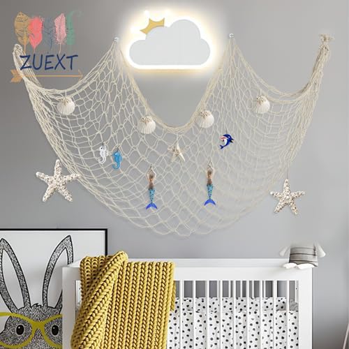 ZUEXT Beige & Aqua Decorative Fishing Net 80x40 Inch, 2PCS Large Picture Fish Net, Pirate Mermaid Net for Nautical Ocean Themed Under The Sea Party, Wall Hanging Fishnet for Photo Display - color: Beige & Aqua, size: 80" x 40" - 2 Pack