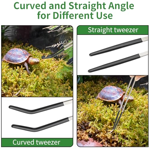 3PCS Reptile Feeding Tongs with Rubber Tips, 10.6" Stainless Steel Tweezers & Spoon Set with Storage Bag for Bearded Dragons, Geckos, Turtles, Tank Accessories