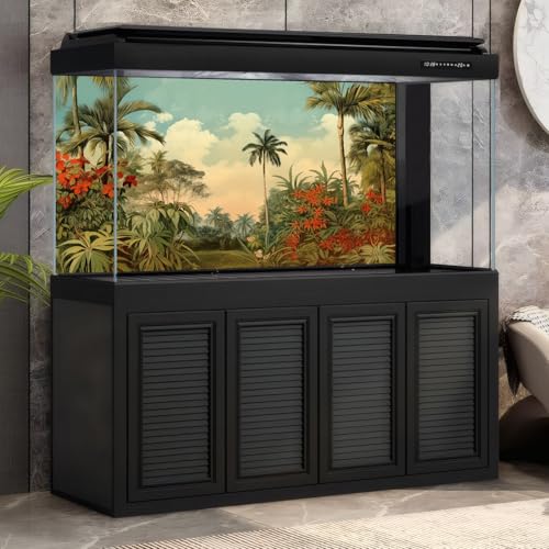 Watercolor Tropical Plants Aquarium Background Majestic Hand Drawn Rainforest Fish Tank Background Stunning Jungle Woodlands Terrarium Backgrounds Painting Palm Leaves Reptile Tank Backgrounds 24x12in - color: Brown_Green, size: 24(W)x12(H)in