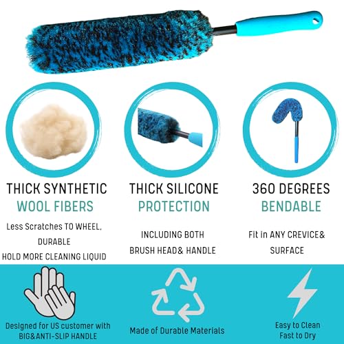 oesee PRO Choice 4 Pack Long Handle Wheel Brush Kit for Cleaning Wheel and Tire- 2X Soft Wheel Cleaning Brush, Detailing Brush and Stiff Tire Brush - color: 4 Pack (Blue & Black)