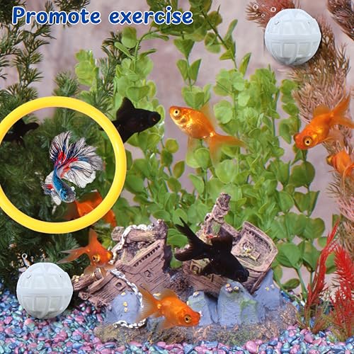 Betta Fish Enrichment Toys Ring and Filter Balls set, Fishes Ring Enrichment Toy and Tank Cleaner Ball, Aquarium Feeding Rings with Nitrifying Balls, Betta Fish Tank Accessories (Yellow, 6.4cm) - color: Yellow