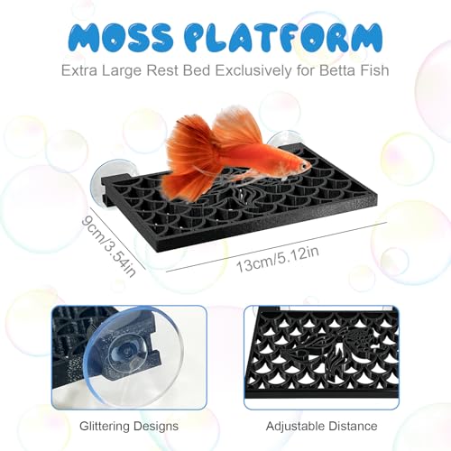 Betta Hammock & Fish Enclosure Accessories Set- Frond Hammock, Swim Tunnel, Feeding Station, Black Square Betta Platform - Breeding, Resting, and Play Area for Betta Fish