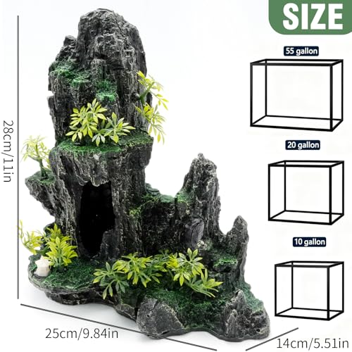 Hoypeyfiy Large Aquarium Decorations and Tall Aquarium Decor for Fish Tank Decorations Artificial Mountain View Ornament Tall Large Aquarium Rock Decor Tree House with Hiding Caves Natural Landscape