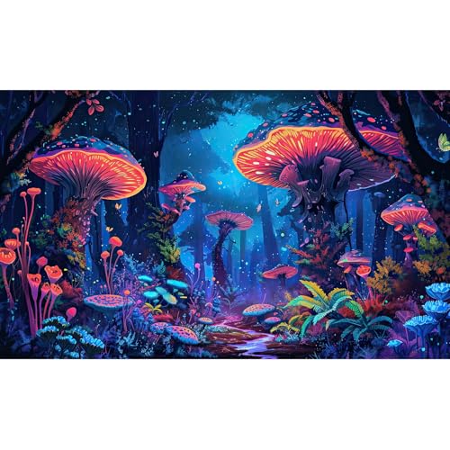 Mushrooms Aquarium Background Fantasy Bright Flowers Butterflies Fish Tank Backdrop Decoration Poster Trippy Wonderland Landscape with Giant Mystical Mushrooms Terrarium Background Decor 24x12in - color: Blue Red, size: 24(W)x12(H)in