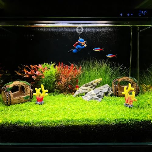 Aquarium Decoration Set with Driftwood Barrel, Coral Plants, Diver Figurine, Brown Green Blue Yellow Red, Resin Plastic, Medium, 5 Pieces