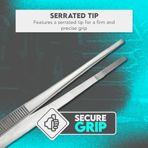 SE 12-Inch Stainless Steel Tweezers - Durable Knurled Handle Serrated Tip Design for Household and Professional Use - 513TW