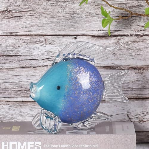 QIANLING Glass Fish Figurines - Coastal Home Decor, Modern Ocean Centerpieces for Living Room, Dining Area, Bathroom, Office, Coffee Table, Beach House, Nautical, Seaside, Entrance, Shelf Display - color: Blue & Purple Fish