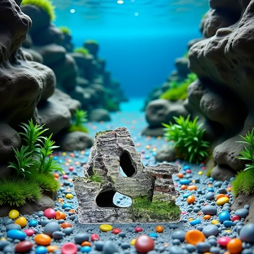 Artificial Moss Rock Aquarium Stone Cave – Resin Fish Tank Decor for Hiding and Landscaping, Small Mountain Terrain Ornament, Natural-Looking Habitat for Fish, Shrimp, and Reptiles, Decoration