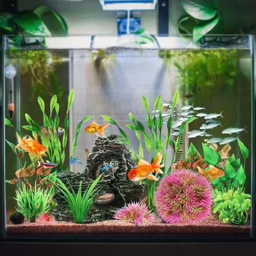 QUOZUO Fish Tank Accessories Aquarium Plants, 10pcs Colorful Fish Bowl Ornaments Plants and Rock Cave Decor Set, Aquarium Decor - color: Red