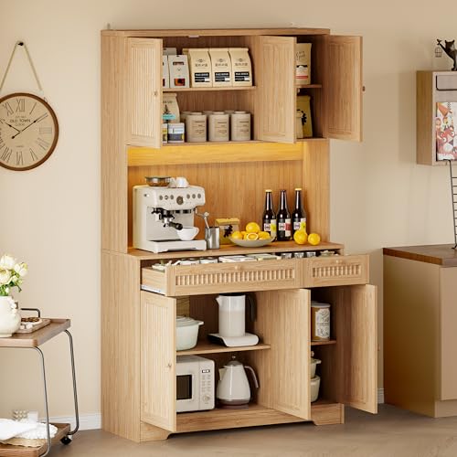 BORNOON Pantry Cabinet with Charging Station and Light, Tall Kitchen Pantry Storage Cabinet with Microwave Stand, Wide Fluted Kitchen Hutch with Storage Drawers and Adjustable Shelves for Dining Room - color: Oak, size: 6-Door
