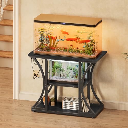 50 Gallon Aquarium Stand with Power Outlets Fish Tank Stand with 3-Tier Storage Shelves Display Stand for Turtle Tank Shelves Metal Frame Stand for Living Room Office Entryway(Black) - color: Black