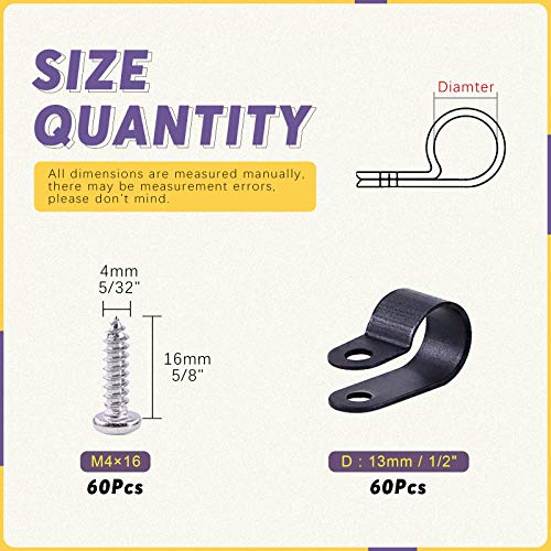 Swpeet 60 Pack Black 1/2 Inch Nylon Plastic R-Type Cable Clips Clamp Kit, Nylon Screw Mounting Cord Fastener Clips with 60 Pack Screws for Wire Management - color: Black, size: 1/2 Inch