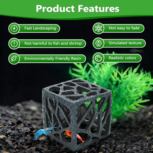 Cube Aquarium Decoration Resin-Modern Hollow Geometric Fish Tank Ornament for Shrimp & Plant Tanks-Approx. 4.1" L x 4.1" W x 4.1" H(Cube) - color: Cube