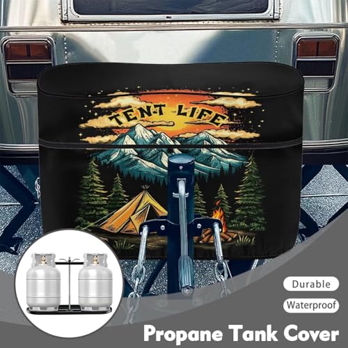 Camping Print Double 20lb RV Propane Tank Cover Weather Resistant Gas Cylinder Cover with Zipper Four Seasons General - color: Camping Print, size: S(20LB)