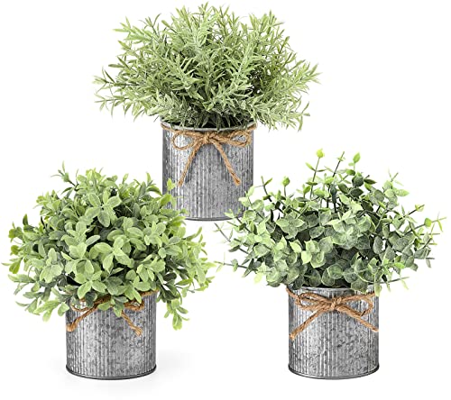 Mkono Small Fake Plants in Farmhouse Galvanized Metal Pots 3 Pack Potted Artificial Plant Eucalyptus for Laundry Room Bathroom Shelf Table Decor - color: Grey, size: 3 inch