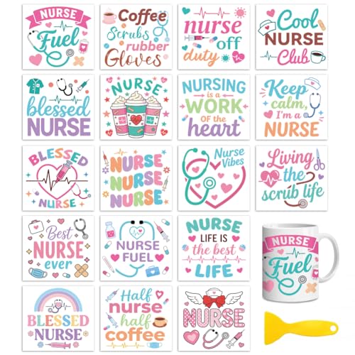 Peacoblue 18 Sheets Rub on Transfers for Crafts, Nurses' Day Text 3.6"x3.9" UV DTF Cup Wraps Waterproof Cold Transfers Stickers for Wood Glass Metal Cup Tumblers Mirrors Mugs Home Decor - style: Nurses' Day Text