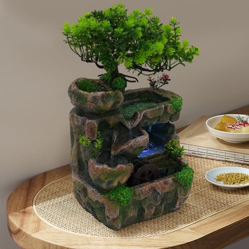 Rockery Water Fountain, Creative Feng Shui Wheel Waterfall with Reliable Circulating Pump and Color-Changing LED Lights, Compact Desktop Decor for Living Room, Office, Bedroom Ambiance - size: E