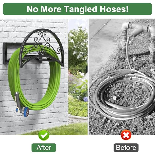 OLV Garden Hose Holder, Heavy Duty Water Hose Holder Wall Mount Holds 125-ft Water Pipe, Decorative Detachable Metal Hose Hanger Storage Organizer Reel Rack for Outside Lawn Yard Farm, Black