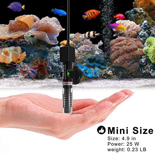 PULACO 25Watt Mini Aquarium Submersible Betta Heater with Free Thermometer Strip for 1-6 Gallon Fish Tanks (Preset Temperature 78℉)