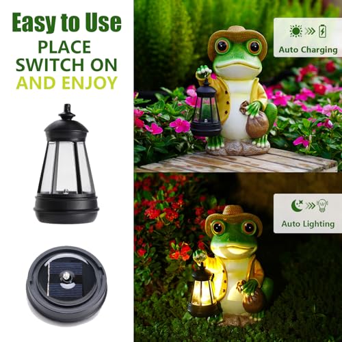 Solar Garden Outdoor Frog Statue 10 inches Tall - with Handheld Lanterns - Detachable - Patio, Balcony, Shelf, Tabletop, Lawn Decoration - Unique Housewarming, Birthday, Thanksgiving, Mom Gifts - size: Medium Frog