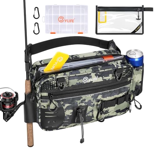CVLIFE Fishing Tackle Bag Waist Pack with Rod Holder, Water Resistant Fanny Pack Includes 3600 Tackle Box, Waterproof Pouch & Carabiners, Convertible Sling Bag with Net Holster for Gear - color: Shadowstand