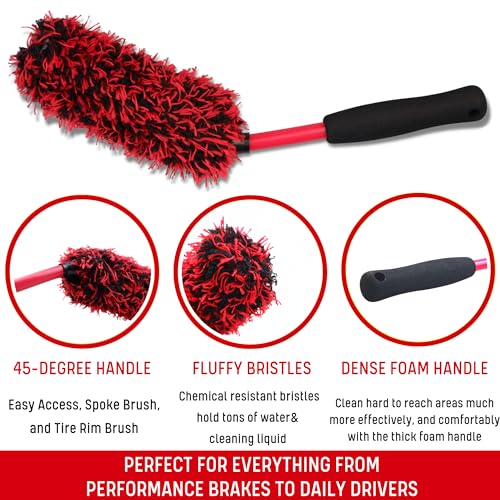 oesee Angled Wheel Brush Kit 3 Pack- Angled Microfiber Wheel Brush, Wheel Barrel Brush, Detailing Brush Scratch Free Calipers Wool Spoke Brush Cleans Brake Dust from Barrels& Hard to Reach Areas - color: Angle Red 3 Pack
