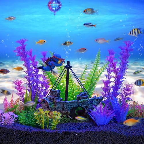 Fish Tank Decor Set with Shipwreck Decoration, Little Diver Floating & 13 Aquatic Artificial Plants - Betta Plants & Hiding Spots for Aquariums and Small Fish Tank Accessories
