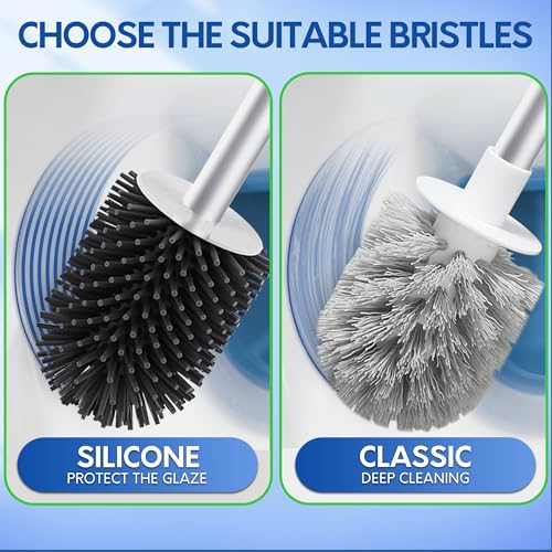 BOOMJOY Toilet Brush and Holder Set, Silicone Toilet Bowl Cleaner Brush, Bathroom Cleaning Bowl Kit with Tweezers, Bathroom Accessories with Aluminum Handle - White - color: White