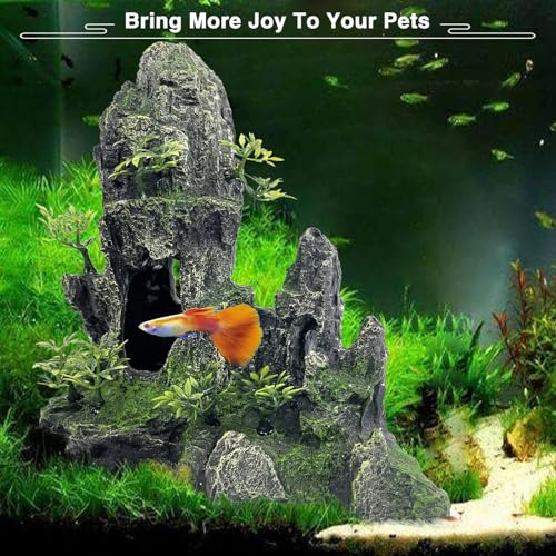 Aquarium Decorations Large and Tall Large Aquarium Decoration for Fish Tank Decorations Fish Tank Ornaments Mountain View Stone Ornament Tree Rock Cave Artificial Fishtank Ornament - color: Black Mountain View, size: Large - Mountain View