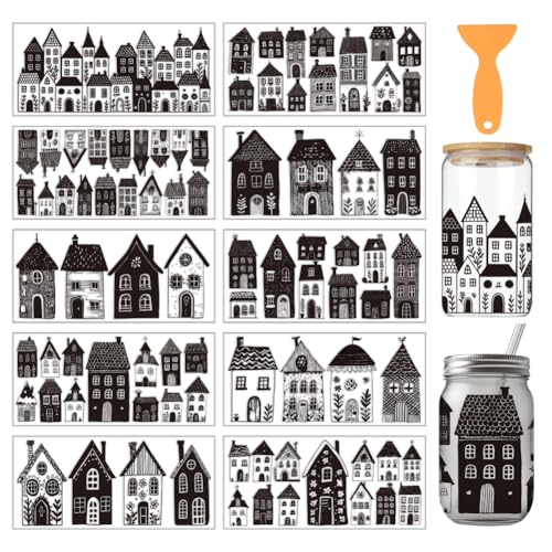 arricraft 10 Sheets House Silhouettes UV DTF Cup Wrap for 16OZ Glass, Black and White Houses Architecture Rub on Decals PVC Transfer Stickers for DIY Cups Wood Funiture 24x11cm/9.4x4.3inch - style: House Silhouettes Theme