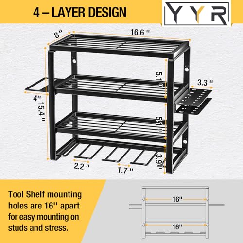 YYR 4 Layer Power Tool Organizer Wall Mount, Cordless Drill Hanger Storage Rack, Battery Tools Holder with Charging Station Shelf for Garage Organization, Workshop, Pegboard, Shed - 16 Inch 4 Slots - size: 16 Inch 4 Drills Holder