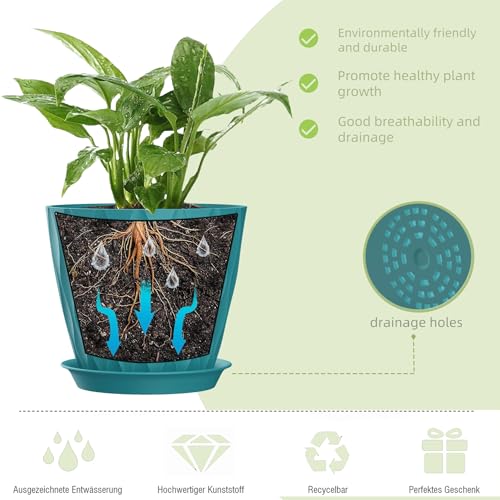 7 Inch Plant Pots 5 Pack, Flower Planters with Drainage Holes and Trays,Plastic Pots for Indoor Outdoor Plants,Green - color: Blue-green, size: 7inch 5pc