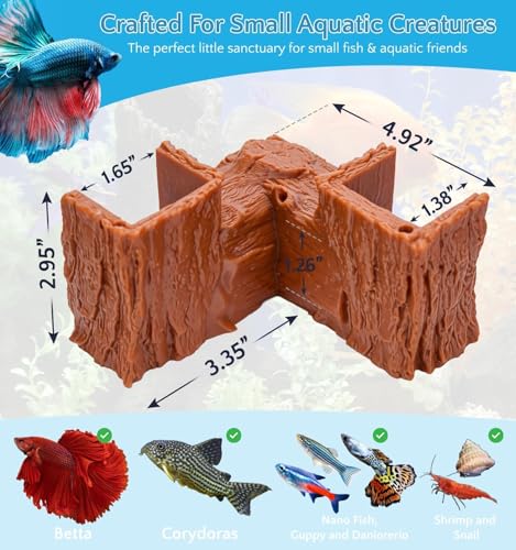 NUPICK Brown Aquarium Cave for Corners, PETG 3D Printed Fish Tank Cave Hideout with Smooth Surface, Natural Wood-Like Aquarium Tunnel, Fish Tank Decor for Bettas, Shrimp, Corys, Loaches, Snails - color: Brown