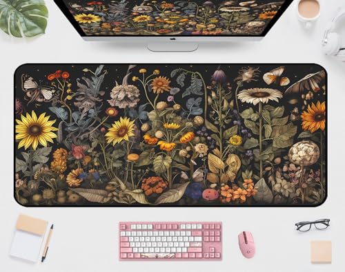 Retro Mouse Pad XXL， Flower Sunflower Plant Desk Mat, Long Computer Mat, Gaming Mouse Keyboard Mats, Full Desktop Protector, Nature-Inspired Decoration Home Office Desk Accessory 31.5" x 15.7" - color: Yellow Sunflower Flowers