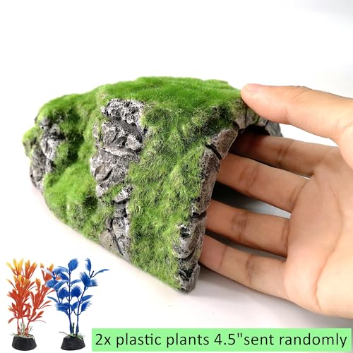 M2cbridge Aquarium Decorations Fish Hideout House Betta Cave with Green Lifelike Moss (Betta Rock Cave)