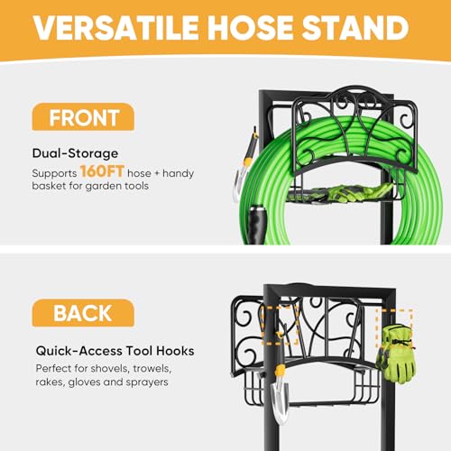 Heavy-Duty Garden Hose Holder with Storage Basket and Tool Hooks, XEAPOMS Stable Hose Hanger Metal Garden Hose Storage Holds 160Ft, Rustproof Freestanding Water Hose Holder for Outside,Yard,Lawn,Farm - color: Black