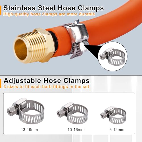 22Pcs Brass Hose Fittings, 3/8" Barb to 1/4" NPT, 1/4" Barb to 1/4" NPT Male, 1/8" 1/4" 3/8" 1/2" Barbed Air Hose Kit with 44Pcs Pipe Hose Clamps - size: 22pcs barb adapter
