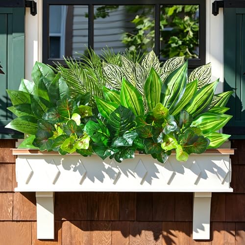Livole 8Pcs 7 Styles Artificial Plants Outdoor Realistic UV Resistant Artificial Flowers Large Bunches Faux Plants Greenery Stems Boston Fern for Garden Porch Planter Window Box Home Decor - size: 8Pcs