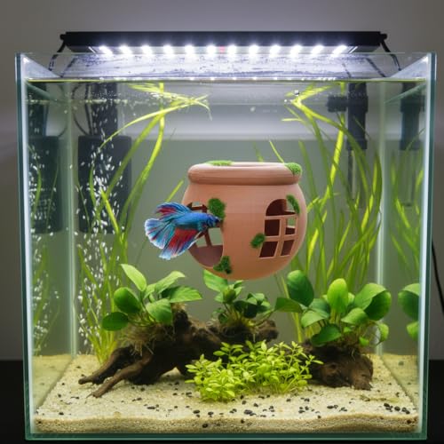 Betta Hammock Floating Hideout House with Artificial Moss Suction Cup Mount, 3D-Printed PLA Aquarium Decor Rest Cave Toy for Betta Fish Tank Accessories