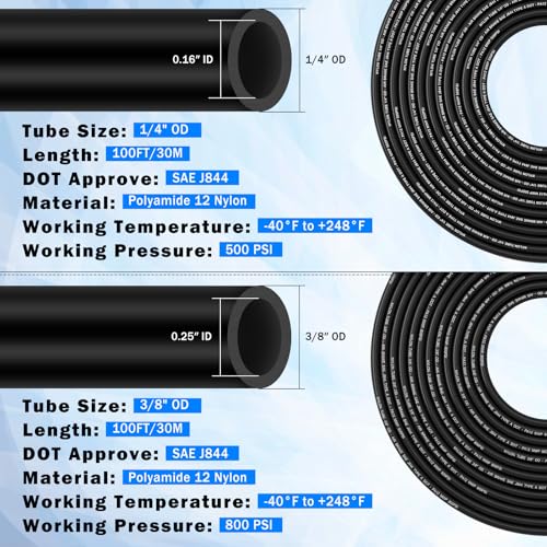 90 Pcs DOT Air Line with Quick Connect Air Fittings Kit 2 Roll 100FT 1/4" and 3/8" DOT Air Lines Kit with 88 Pcs Push Lock Air Line Fittings Pneumatic Push to Connect Air Hose Fitting - size: 90 PCS-100FT 1/4+3/8