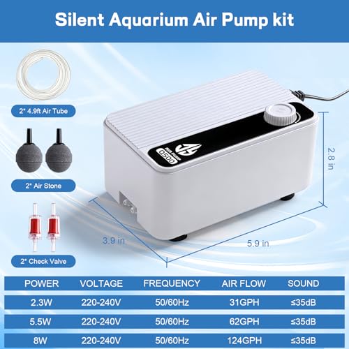 Aquarium Air Pump, Quiet Powerful Fish Tank Air Pump, Adjustable Fish Tank Bubbler with Air Stone, 2.3W/5.5W/8W Bubbler for Aquarium Fish Tank for Small Medium Large Fish Tank Up to 200 Gallon - size: 5.5 W(Tank Up to 120 Gallon Aquariums)