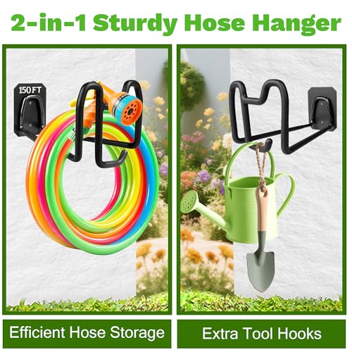 2pcs Hose Holders for Outside - Upgraded Garden Hose Holder with Hook, Metal Garden Hose Hanger Wall Mount Heavy Duty Hose Hangers for Outside for Yard Lawn Storage - color: 2pc Black